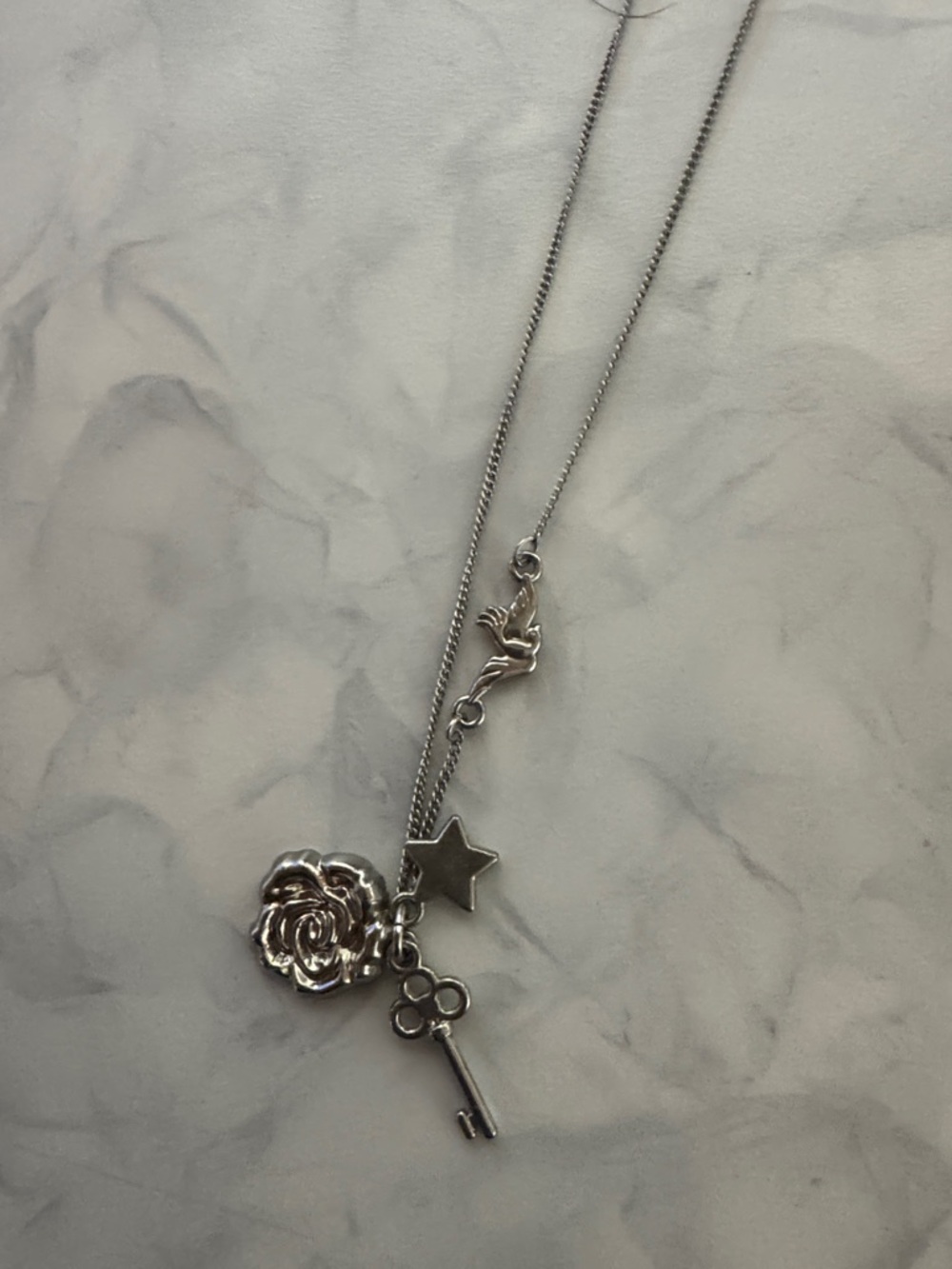 Silver Rose and Key Charm Necklace - Women's Jewelry